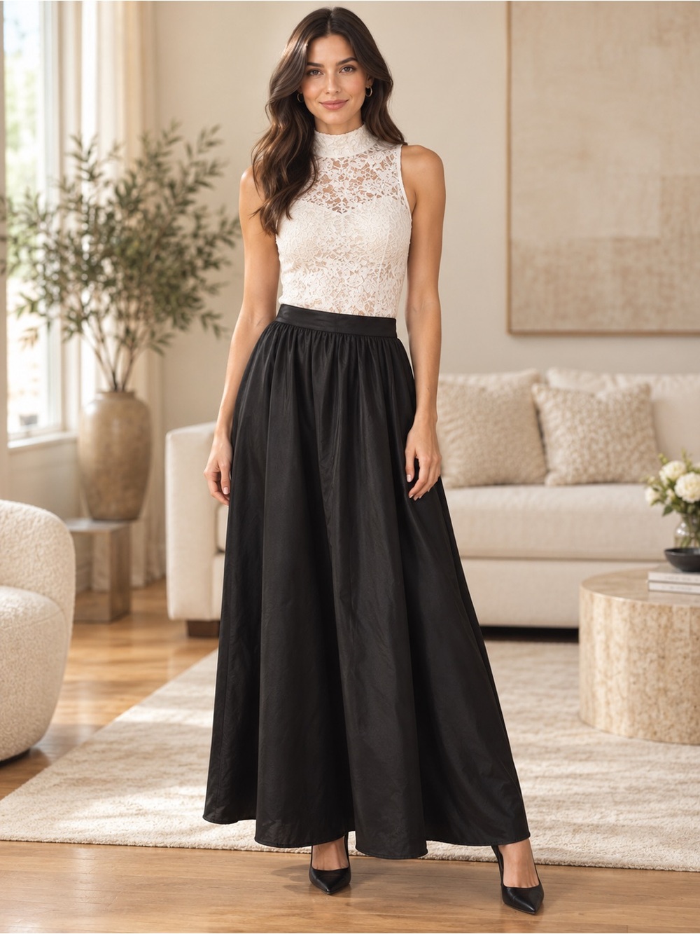 Black Satin Gathered Maxi Skirt Size Small